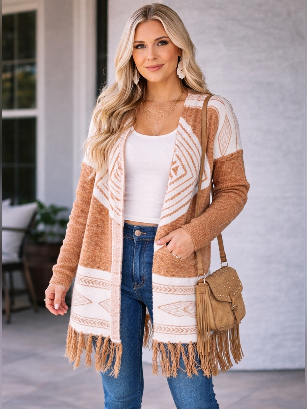 Western Boho Fringe Cardigan Camel Aztec Knit Festival Duster